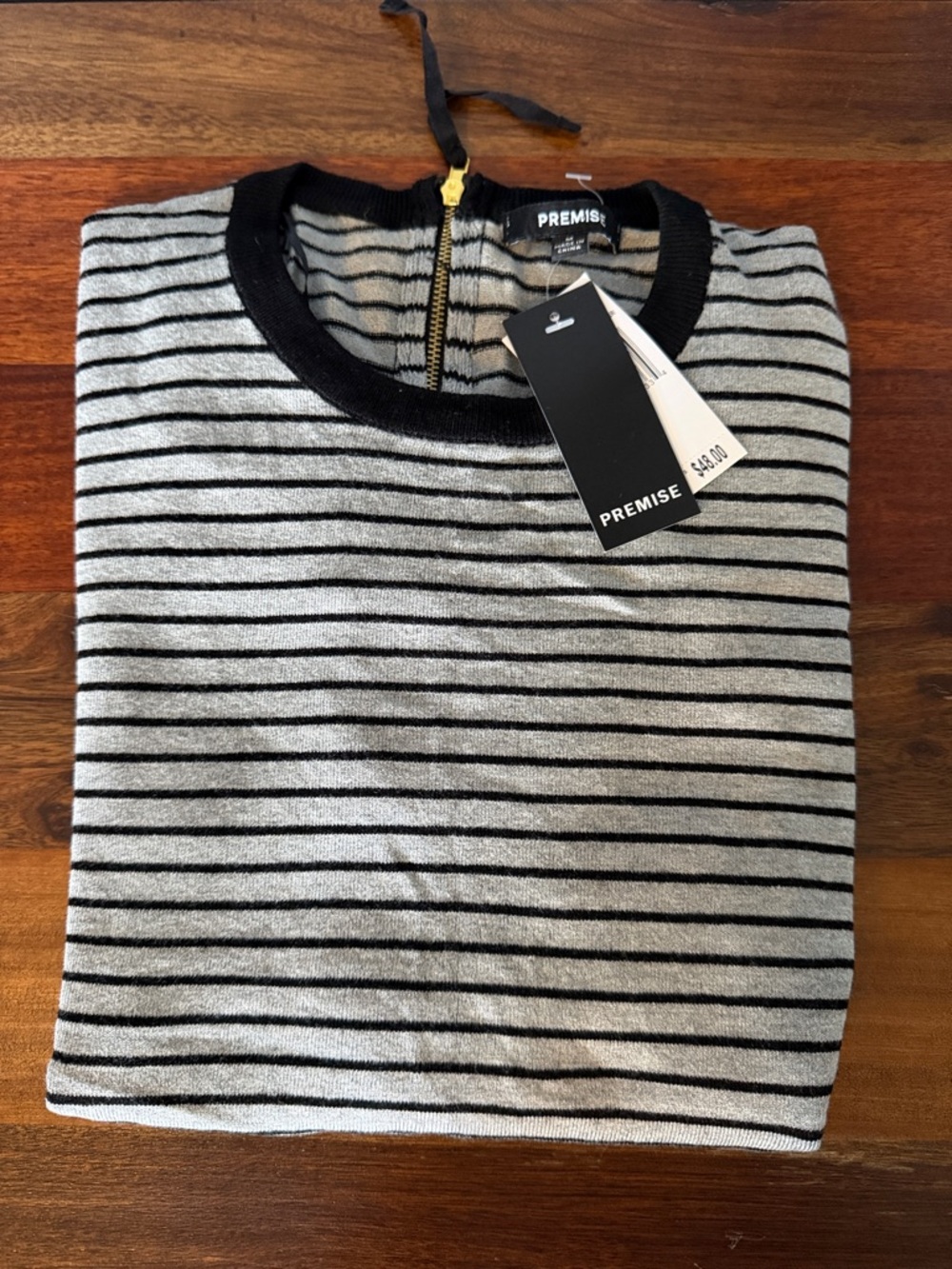 Premise Women’s Gray Crewneck Sweater with Black Stripes